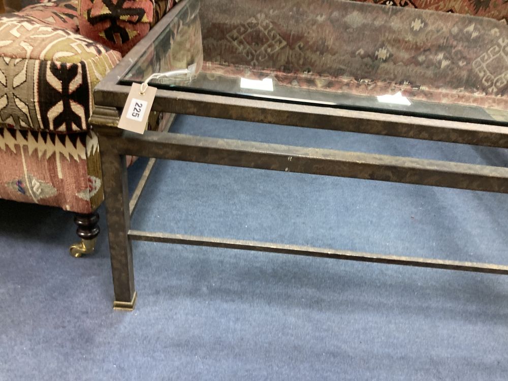 A contemporary aged metal square glass top glass coffee table, width 116cm height 47cm